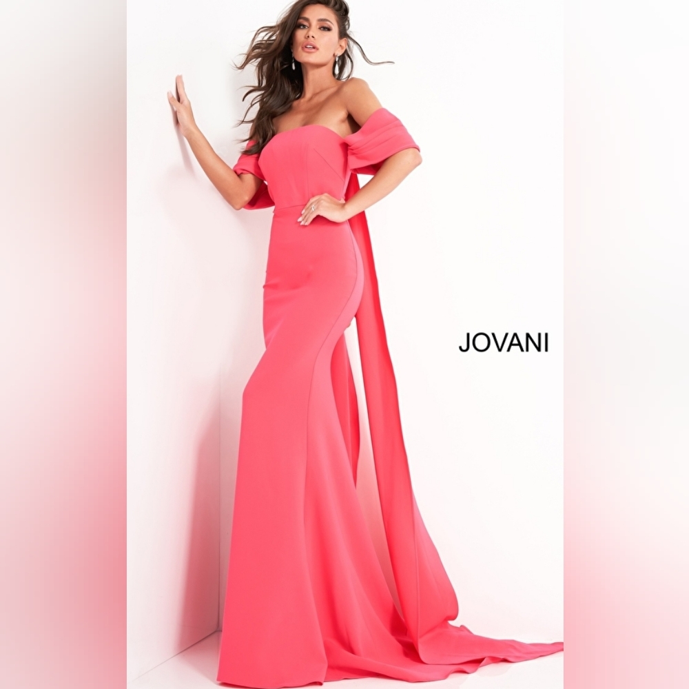 Jovani Lipstick Off the Shoulder Crepe Evening Dress